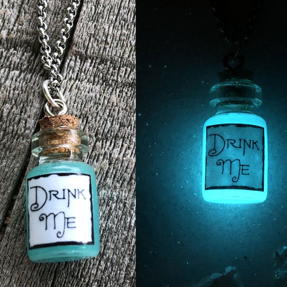 Alice Drink Me Bottle Glow in the dark necklace
